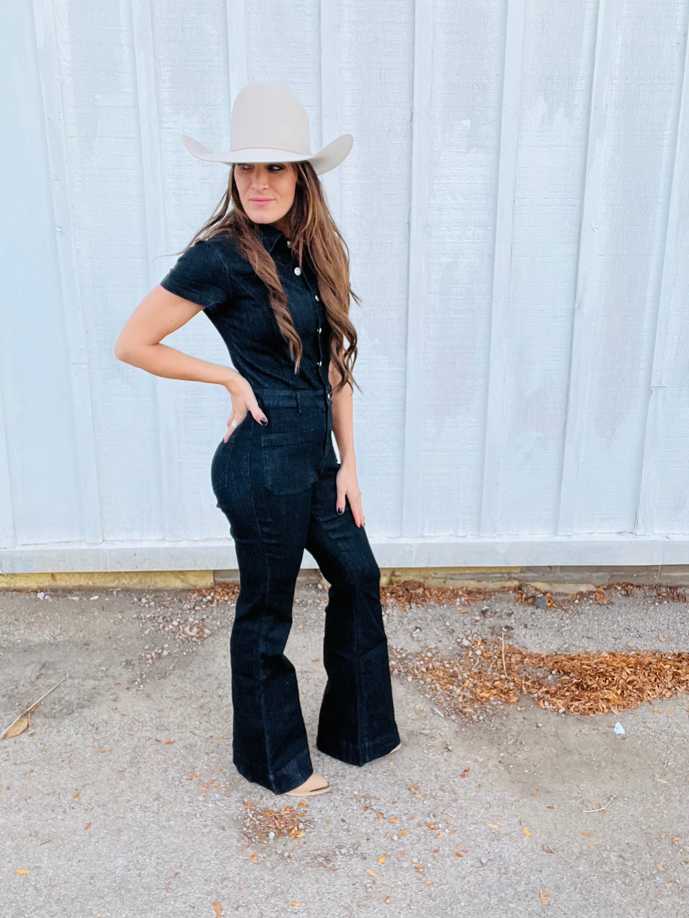 Black Denim Flared Jumpsuit