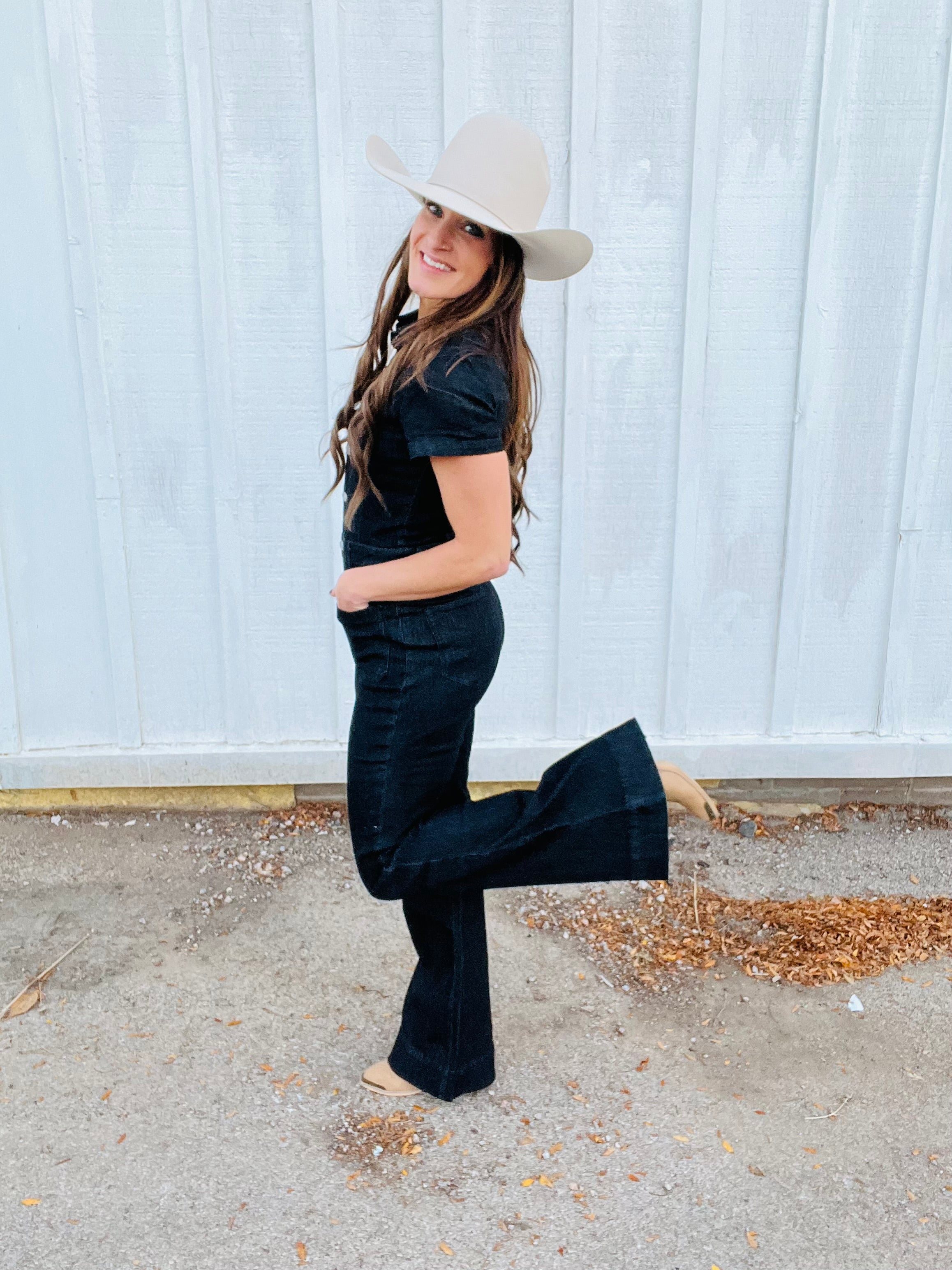 Black Denim Flared Jumpsuit