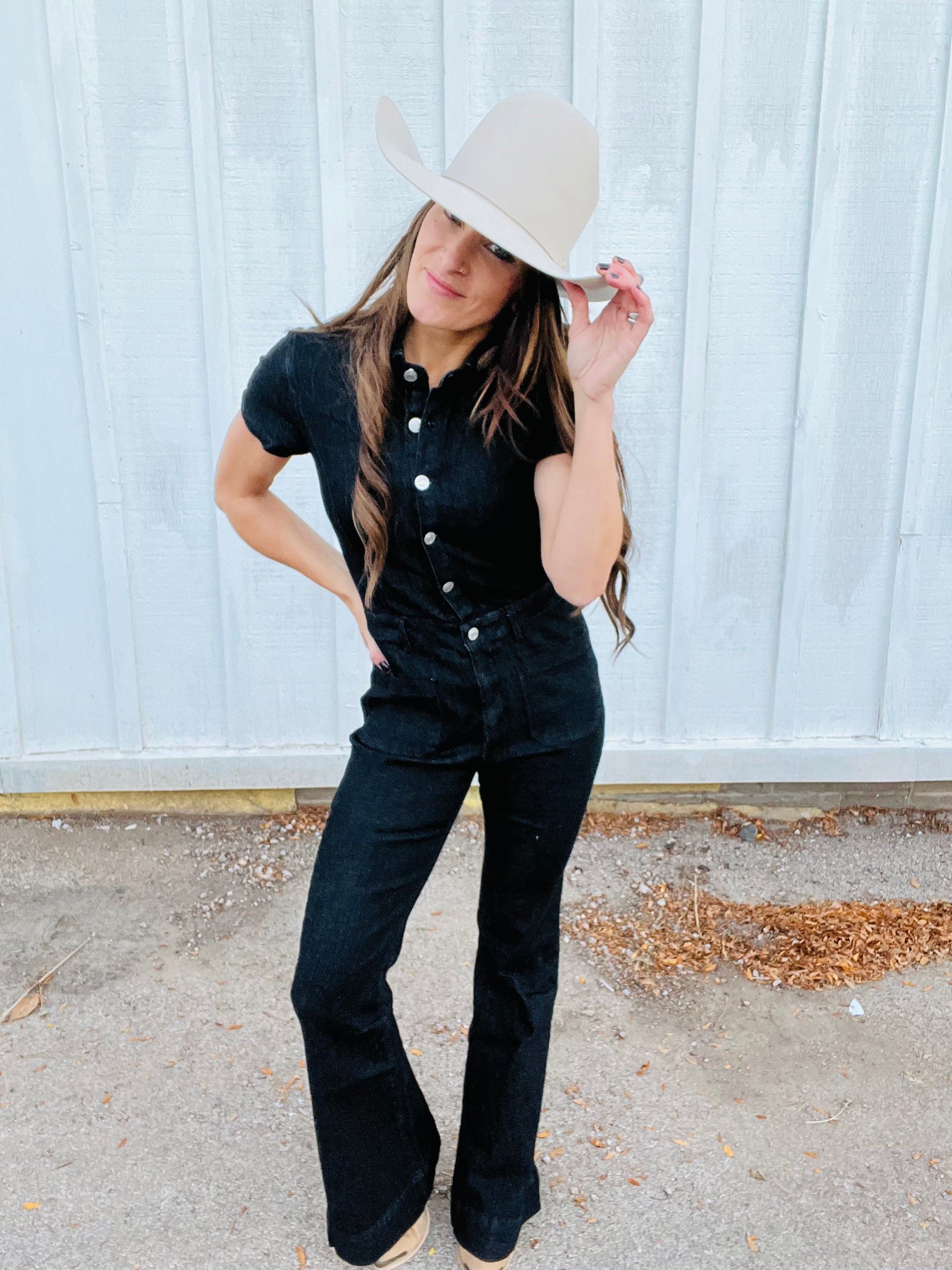 Black Denim Flared Jumpsuit