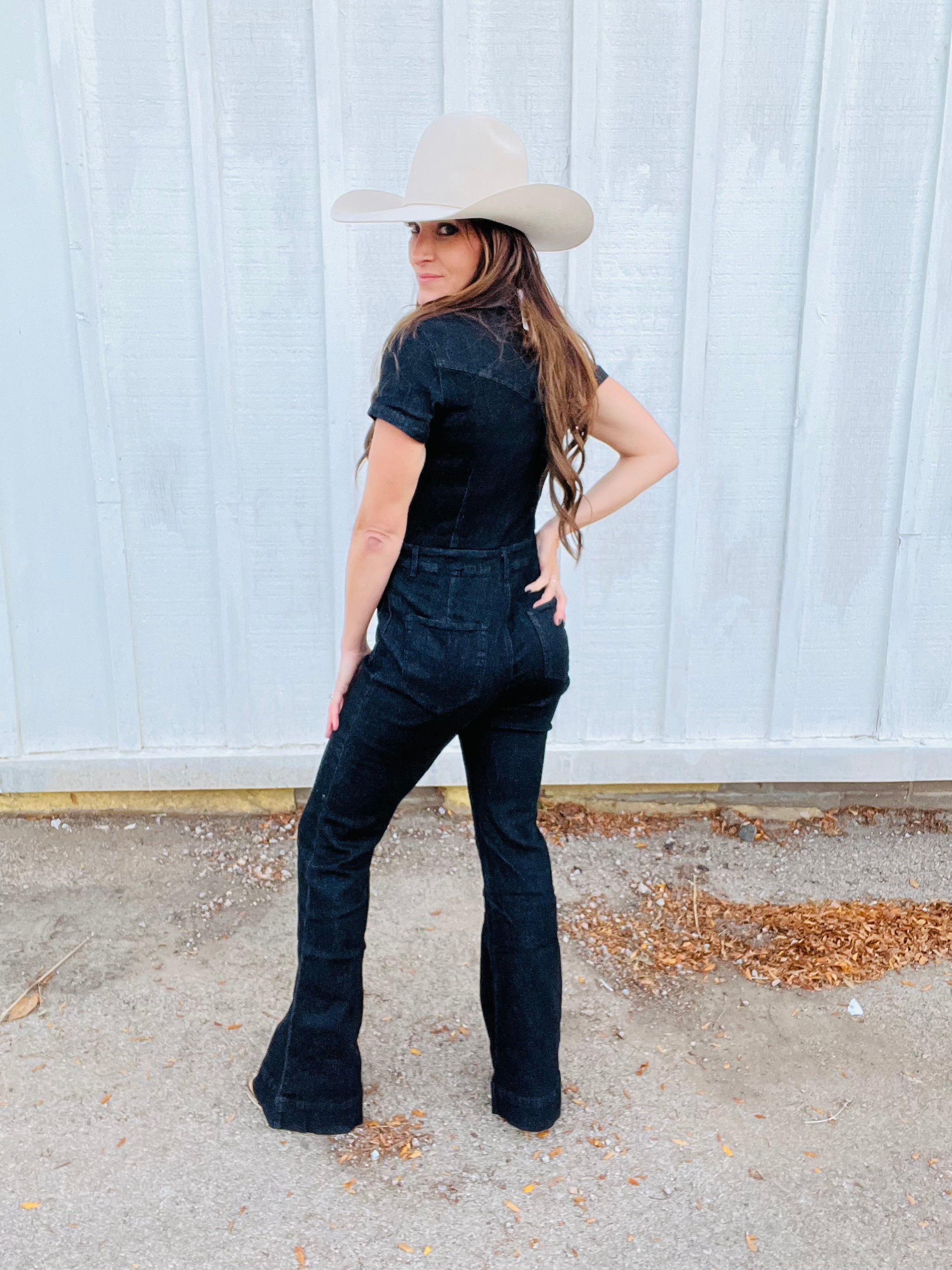 Black Denim Flared Jumpsuit