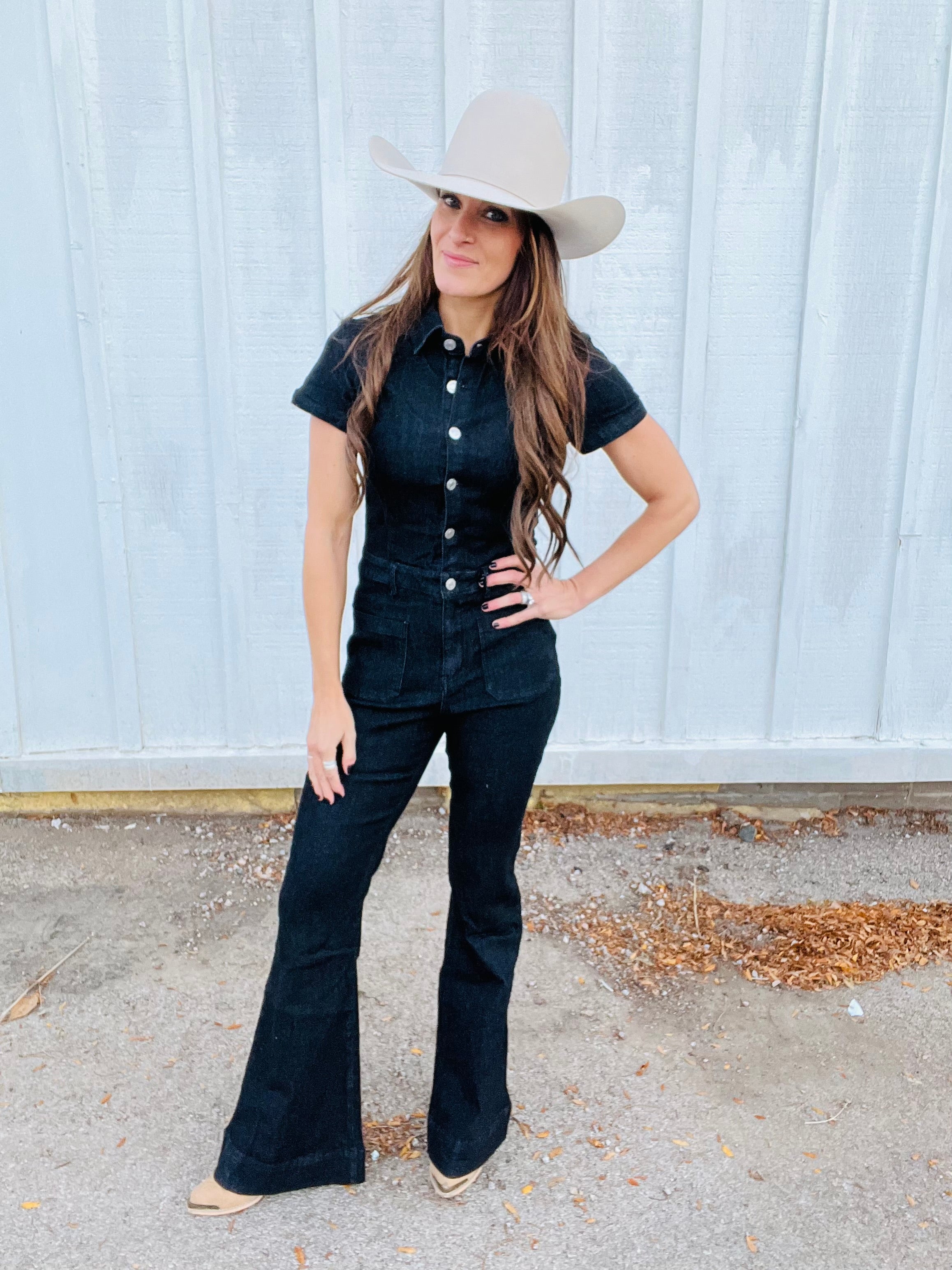 Black Denim Flared Jumpsuit